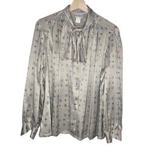 Vintage Koret 16 Silver/Gray Silky Tie Neck Blouse [0314]